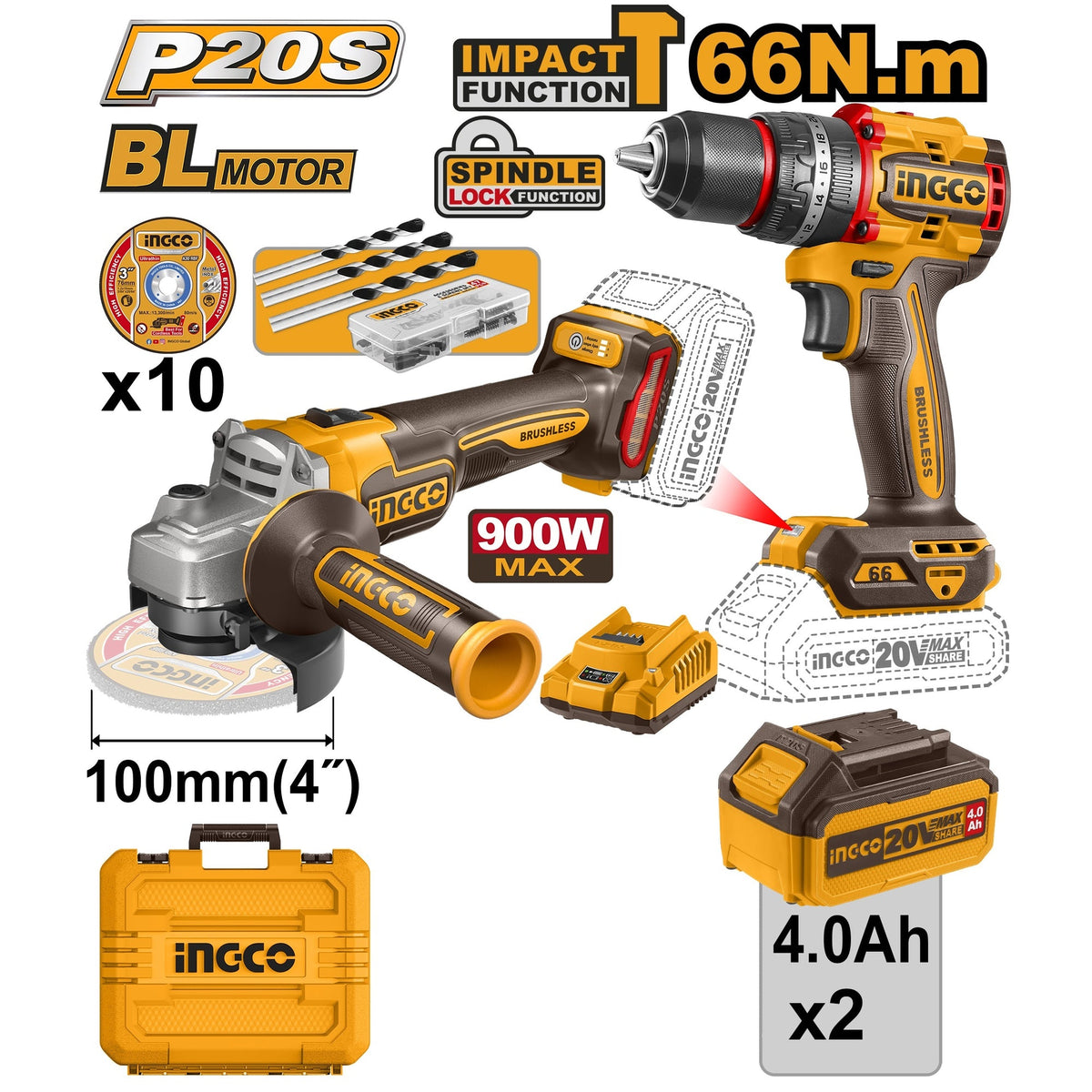 INGCO 20V IMPACT DRILL & GRINDER COMBO KIT 2X4.0AH+CASE CKLI2027310 Main image