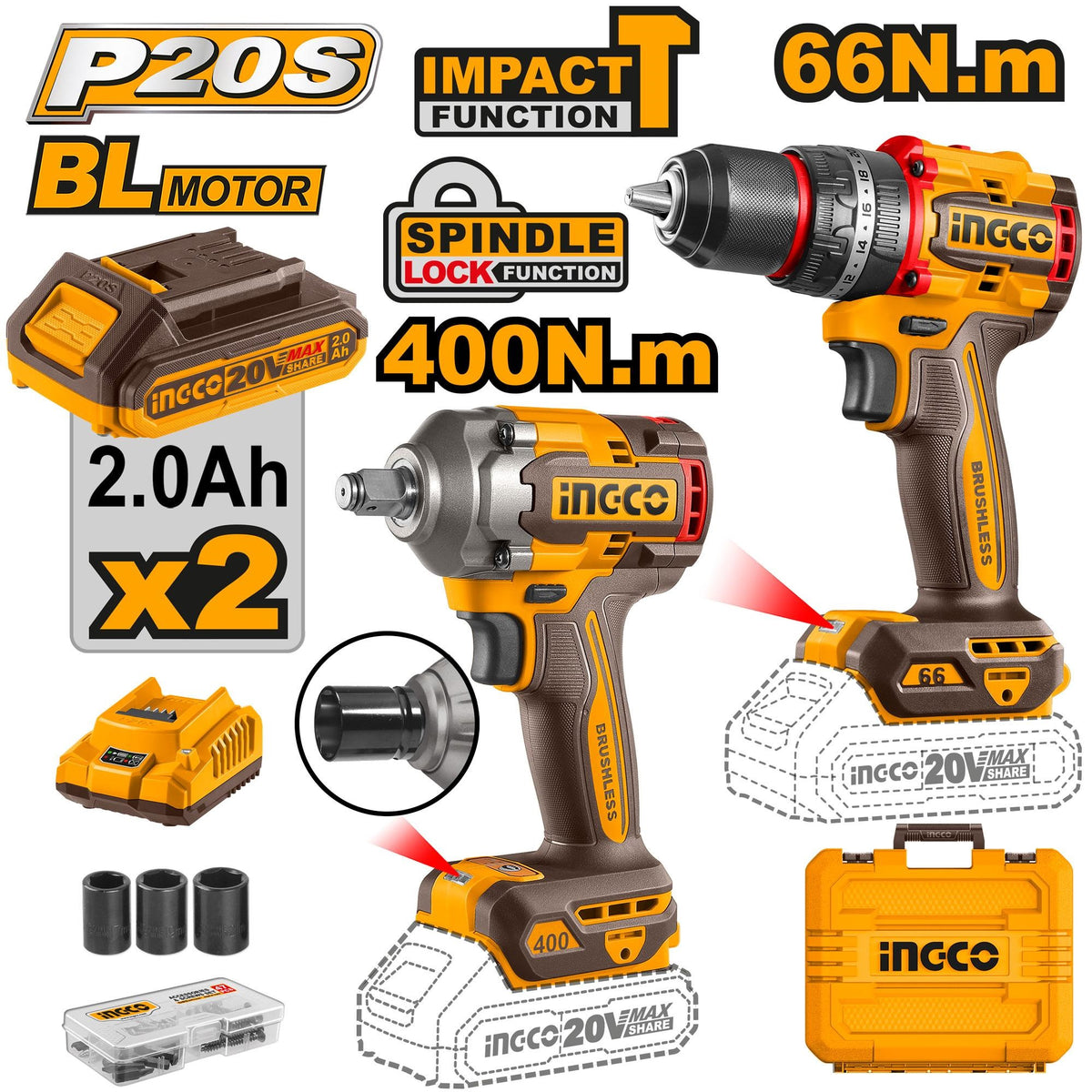 INGCO 20V IMPACT WRENCH 400NM+IMPACT DRILL COMBO 2X2.0AH,CHARGER CKLI20275 Main image