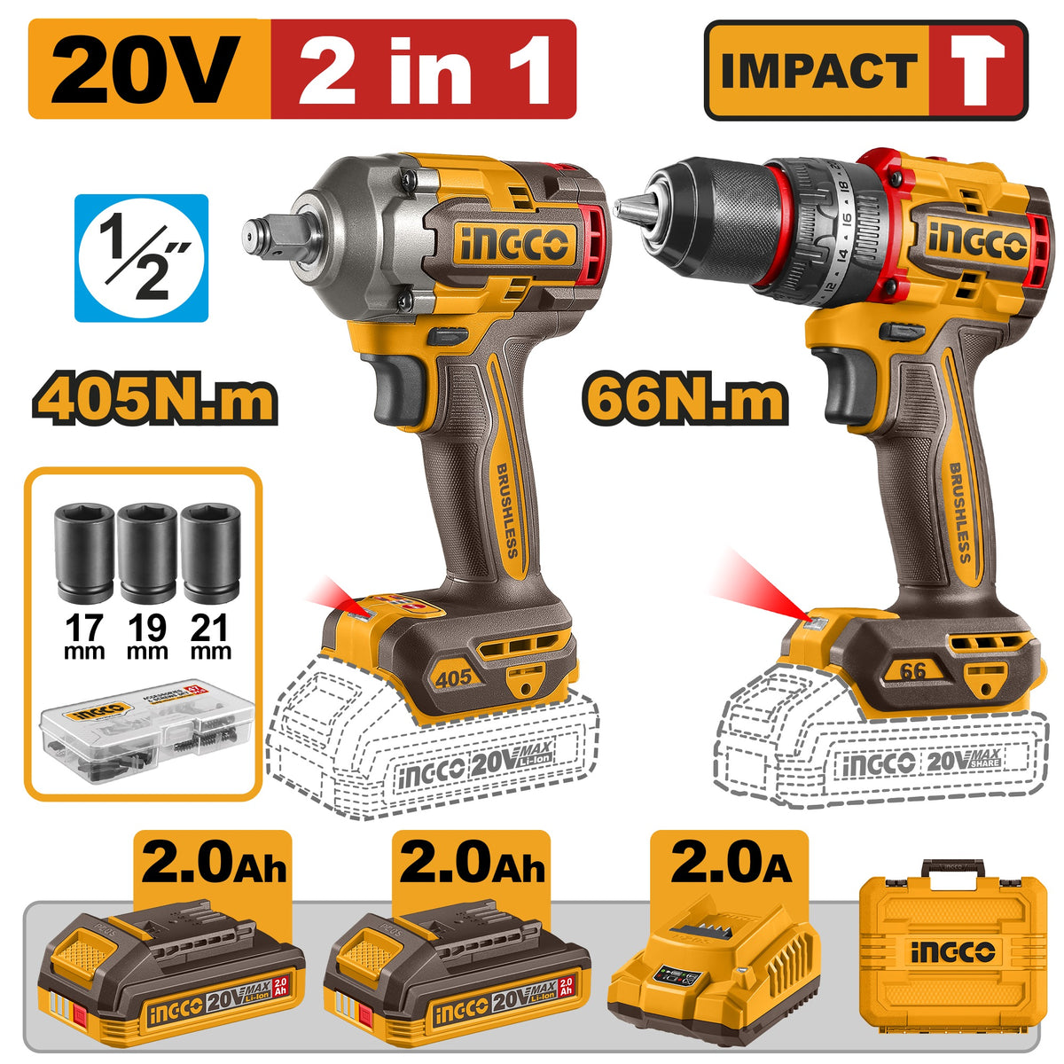 INGCO 20V IMPACT WRENCH 405NM+IMPACT DRILL COMBO 2X2.0AH, CHARGER CKLI20286 Main image