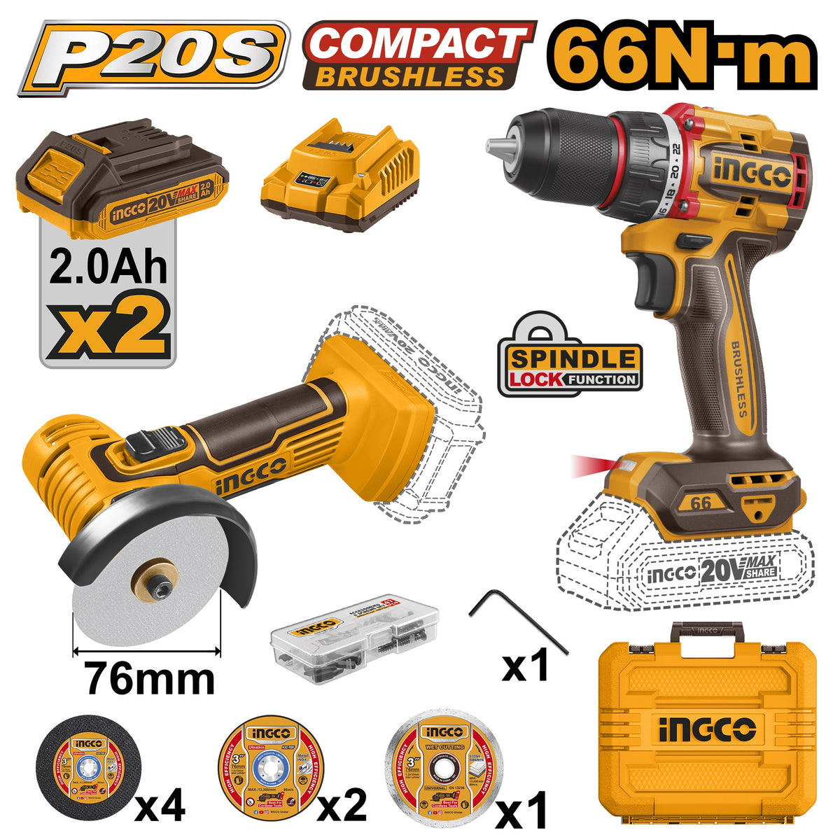 INGCO 20V DRILL+ MINI CUT-OFF TOOL 2X2.0, CHARGER+CASE CKLI20766 Main image