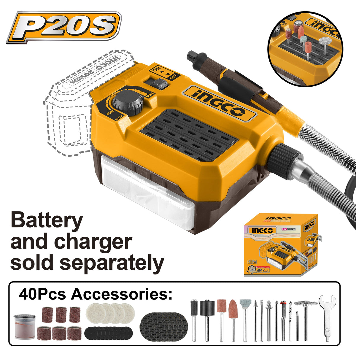INGCO 20V V. SPEED CONTROL GRINDER 1X2.0AH+40 PC ACCES CMGLI2001 (BARE UNIT) Main image
