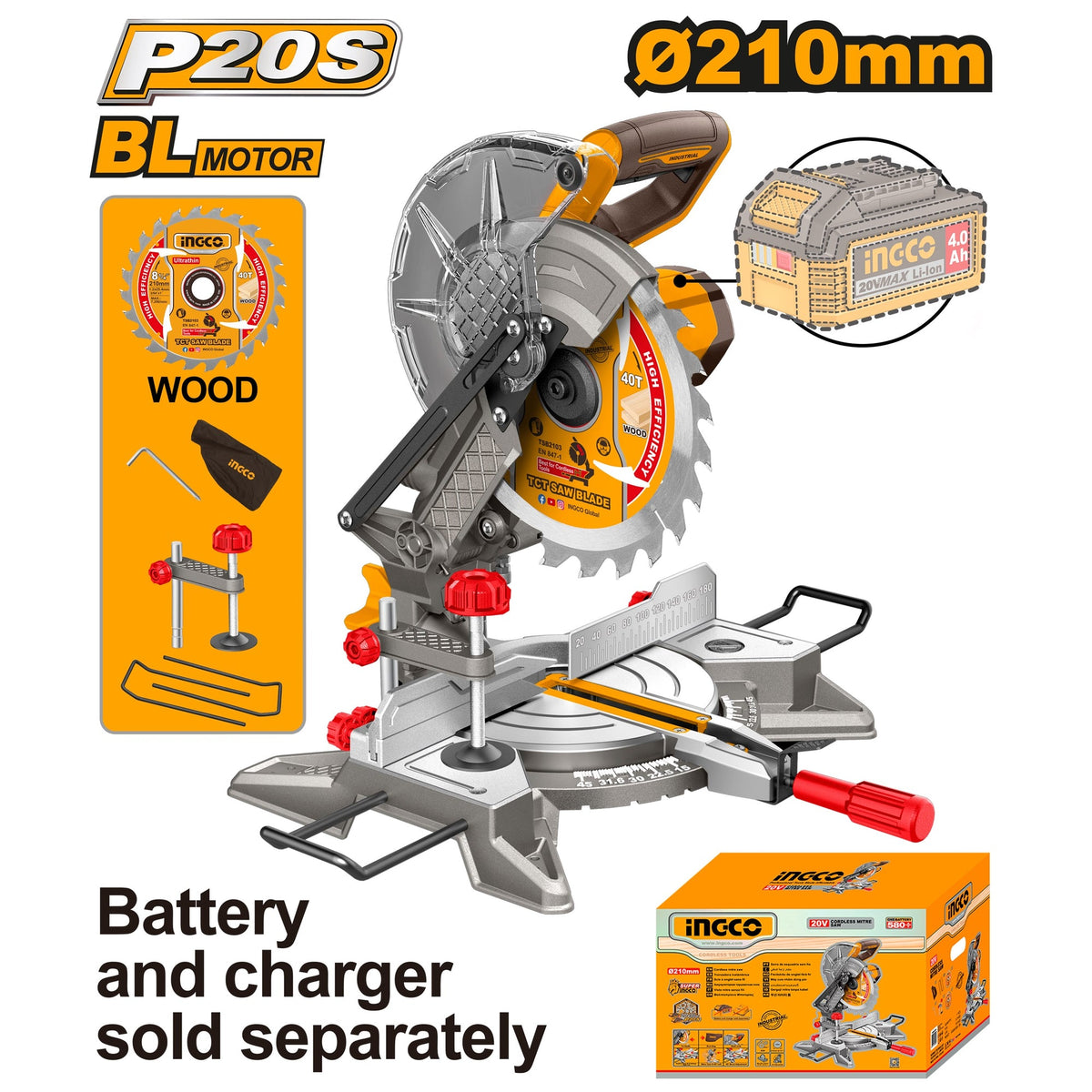 INGCO 20V LI-ION MITRE SAW, 8-1/4" 210MM 25.4MM BORE CMS2021 (BARE UNIT) Main image