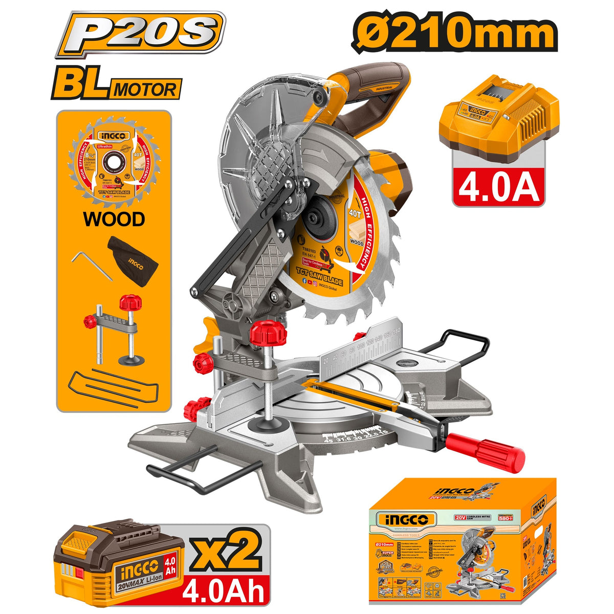 INGCO 20V LI-ION MITRE SAW, 8-1/4" 210MM 2X4.0AH+CHARGER CMS20212 Main image
