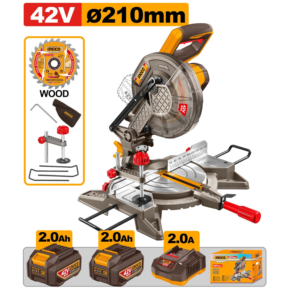 INGCO 42V BL 8-1/4" 210MM MITRE SAW W/BLADE 2X2.0AH CMSLI422182 Main image