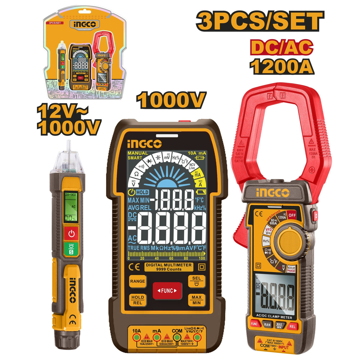 INGCO 3PC AC/DC CLAMP METER, DIGI MULTIMETER,VOLTAGE DETECTOR SET COS24069 Main image