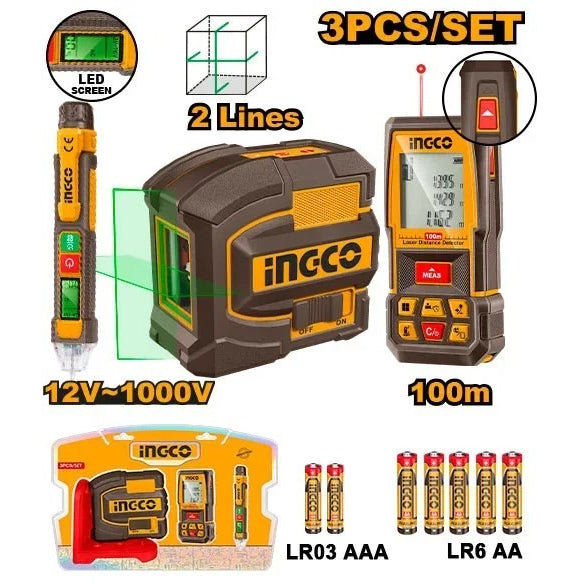 INGCO 3PC 100M LASER DISTANCER+LEVELLER+VOLTAGE DETECTOR COMBO COS250908