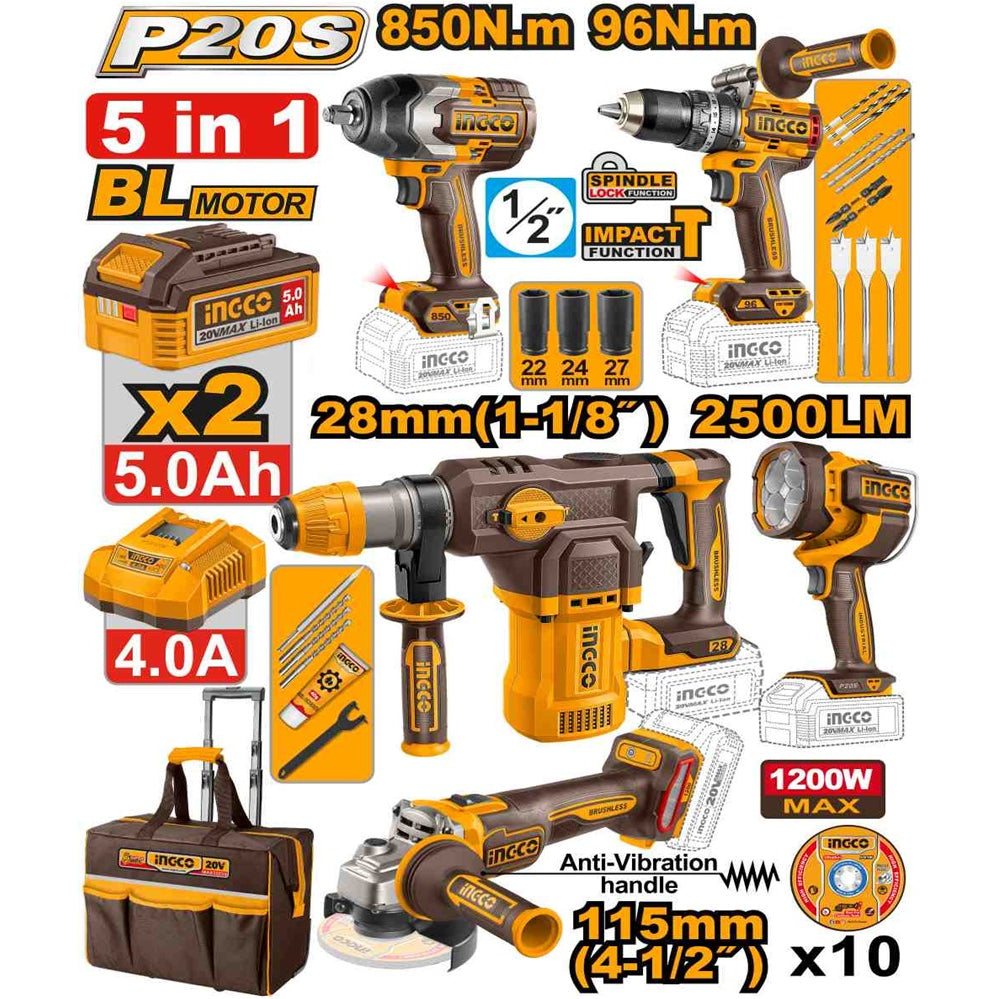 INGCO 5PCS 850NM IW+96NM ID+4-1/2" GRINDER+LAMP+ROTARY HAMMER COSLI251193 Main image