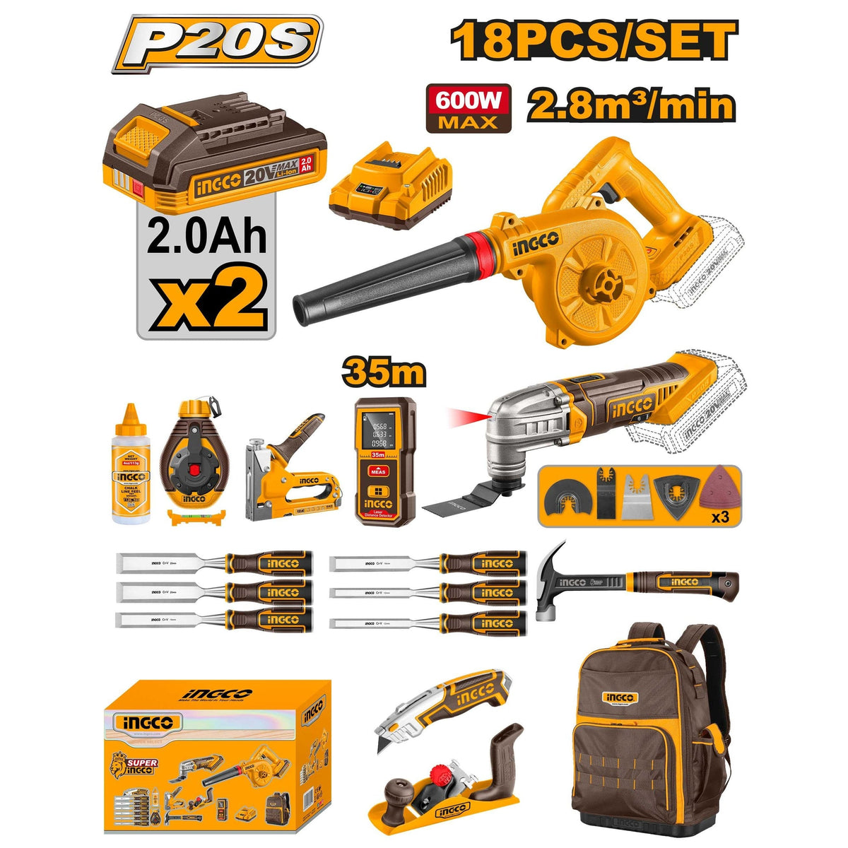 INGCO 18PCS 20V BL MULTI TOOL+BLOWER+ WOODWORKING TOOLS SET COS26206 Main image