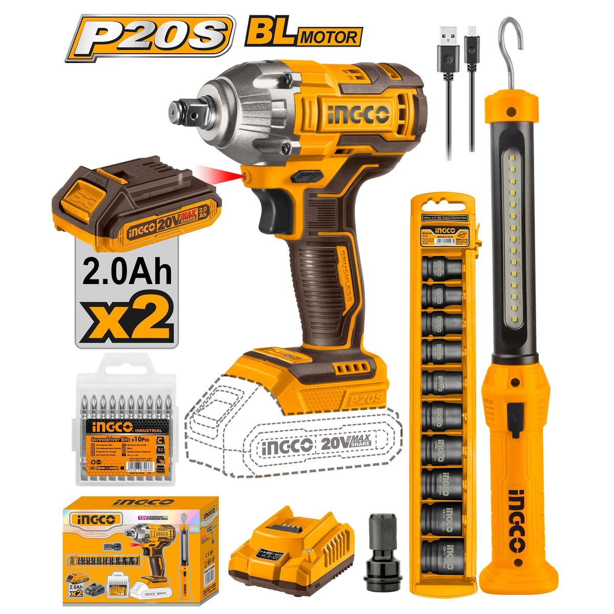 INGCO 20V IMPACT WRENCH 300NM + WORKLIGHT COMBO SET COSLI23011 Main image