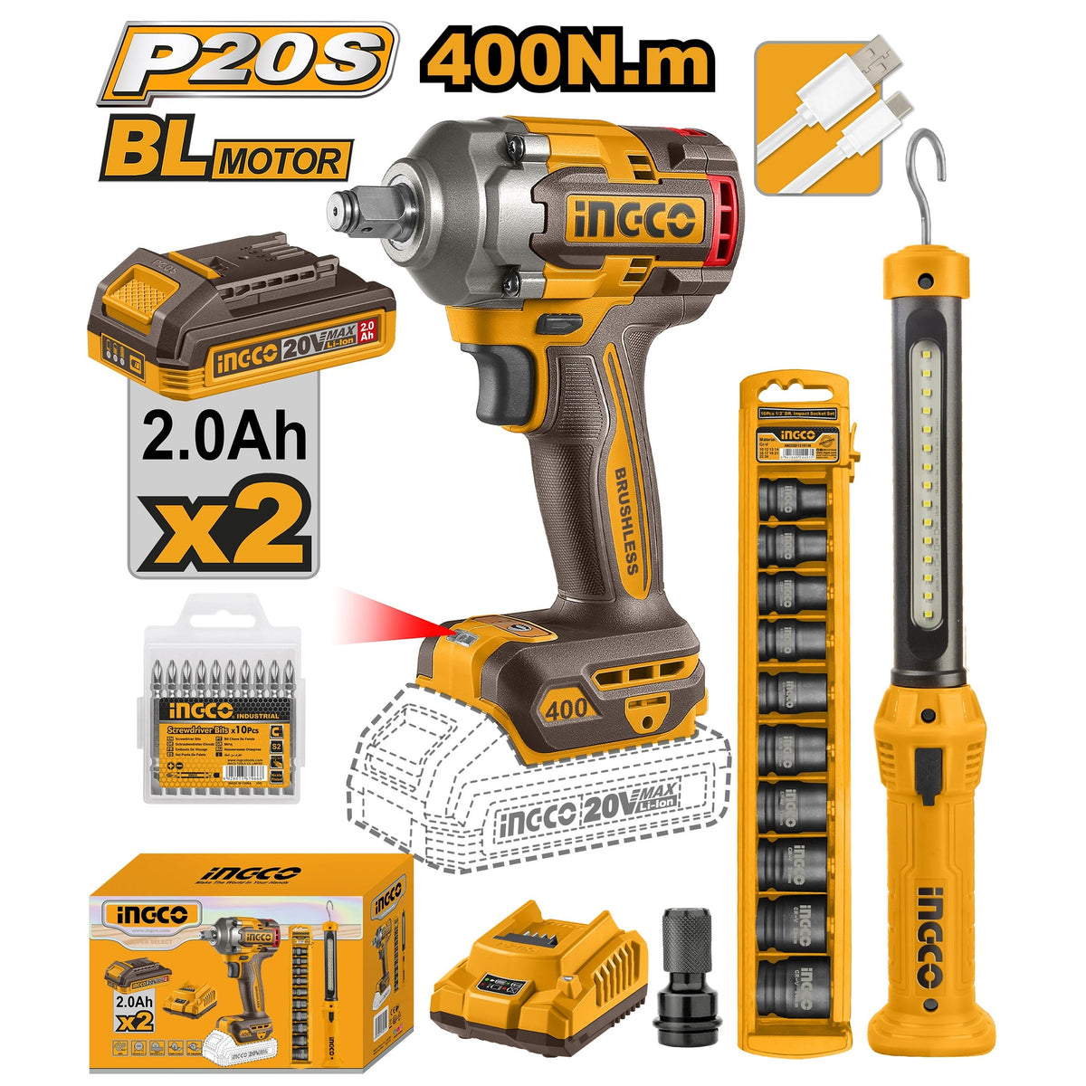 INGCO 20V IMPACT WRENCH 400NM + WORKLIGHT COMBO SET COSLI23048 Main image
