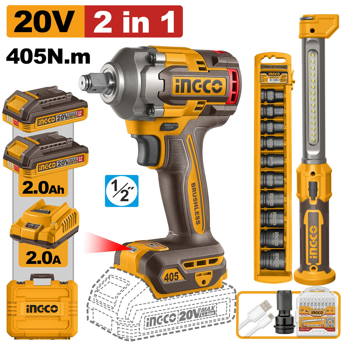 INGCO 20V BL IMPACT WRENCH 405NM + WORKLIGHT COMBO SET COSLI23056 Main image