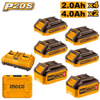 INGCO 20V 6PC BATTERY KIT 4X2.0, 2X4.0, 2 PORT CHARGER + CASE COSLI230701