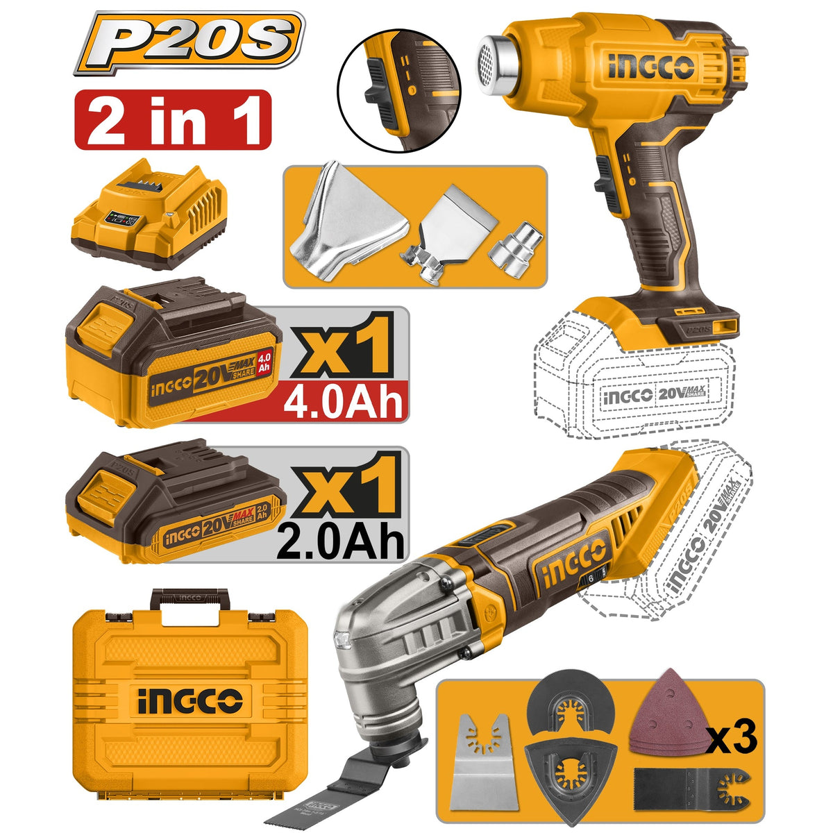 INGCO 20V MULTI TOOL+HOT AIR GUN COMBO 1X4.0 CHRG+CASE COSLI230703