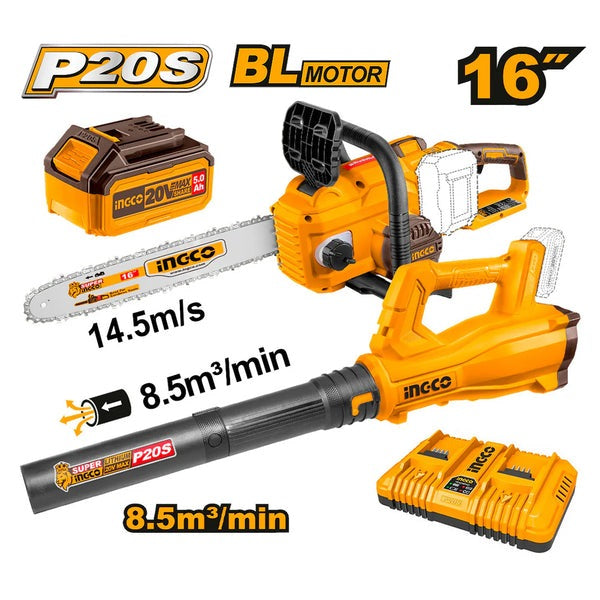 INGCO 20V+20V 16"CHAIN SAW+BLOWER COMBO 2X5.0AH+DUAL PORT CHRG COSLI240463 Main image