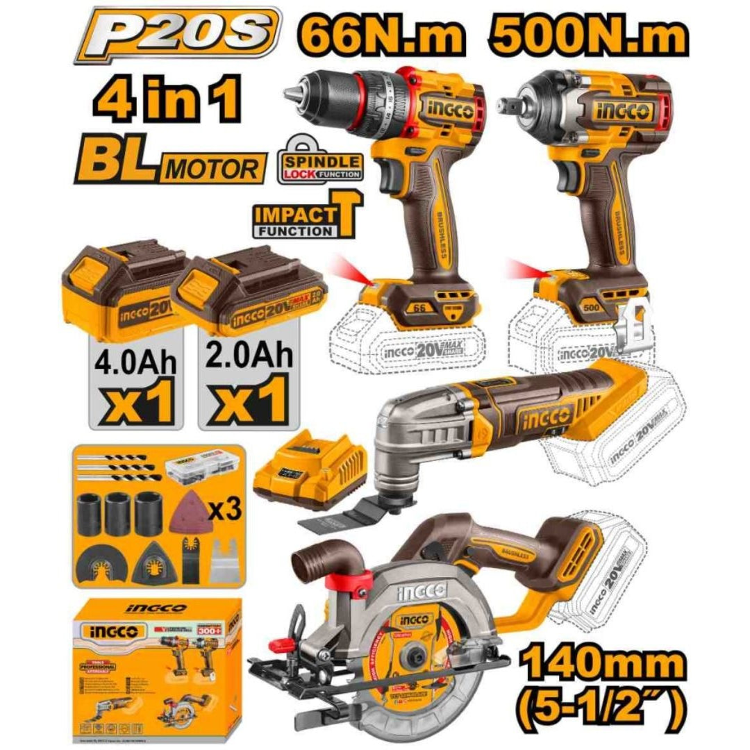 INGCO 20V 4PC IMP DRILL,WRENCH,MULTI TOOL,CIRCULAR SAW COMBO COSLI241169 Main image