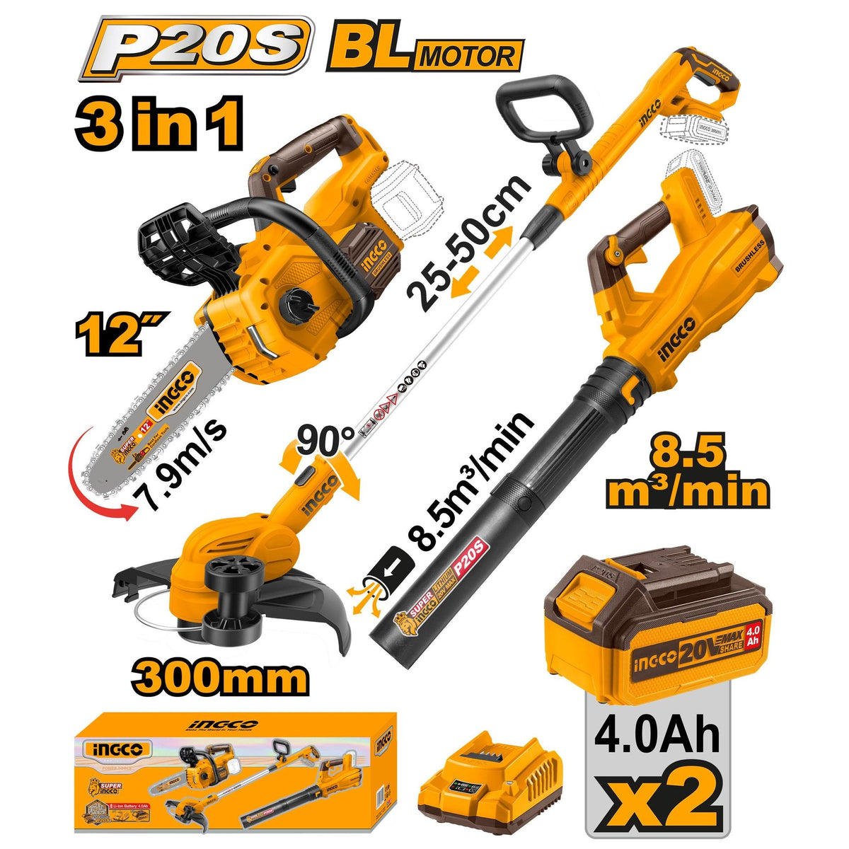 INGCO 3PC CHAIN SAW TRIMMER BLOWER COMBO 2X2.0 COMBO COSLI241189 Main image