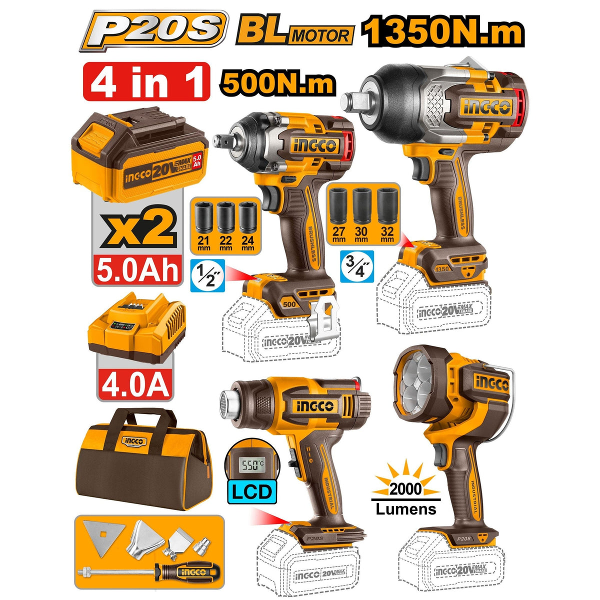 INGCO 20V 4PCS 1/2"3/4" IMPACT WRENCH, HEATGUN+WORK LAMP COMBO COSLI241293 Main image