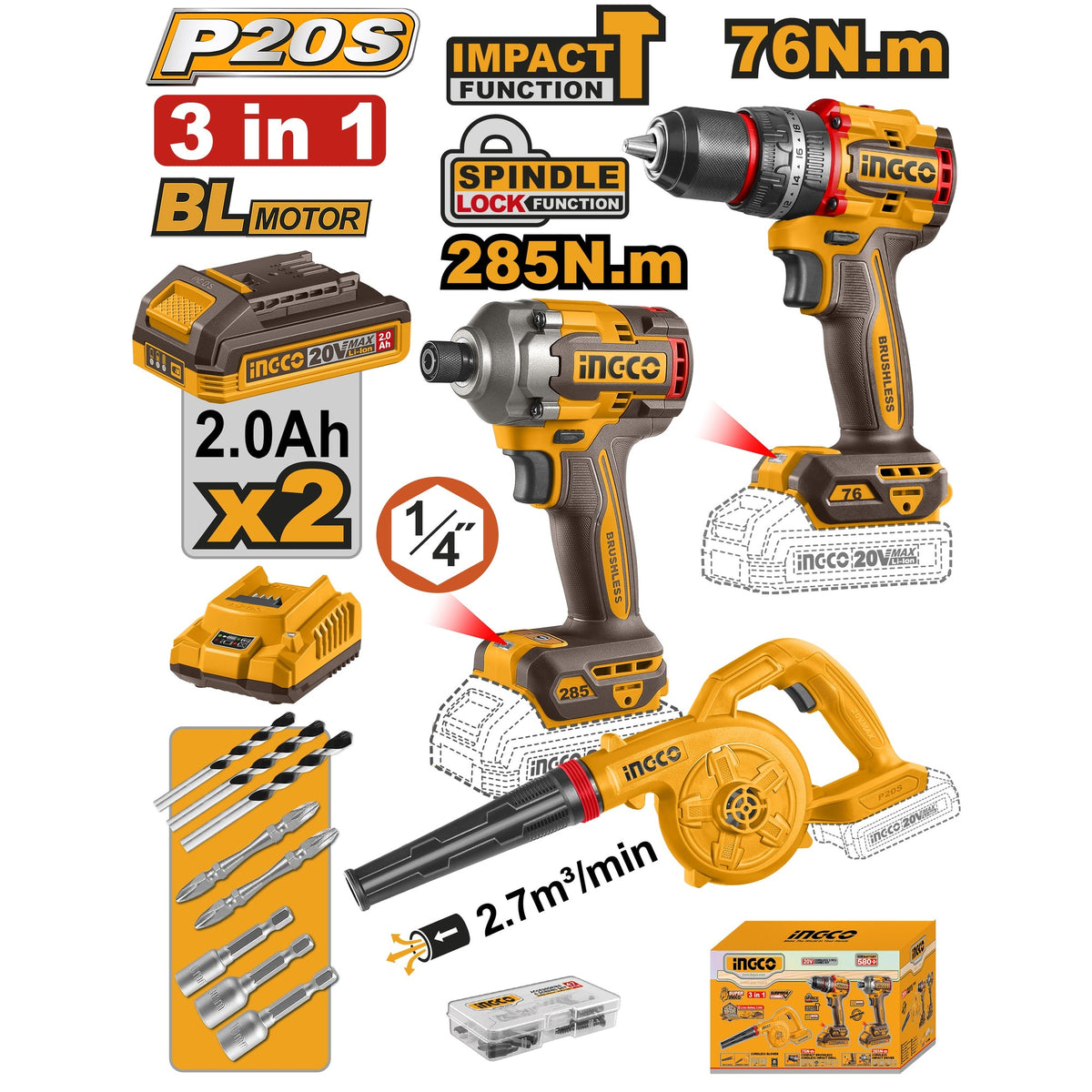 INGCO 20V 3PC IMPACT DRILL;DRIVER;BLOWER COMBO 2X2.0AH+CHARGER COSLI250182 Main image