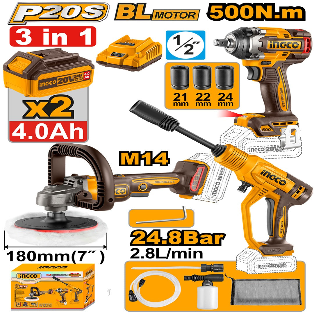 INGCO 20V POLISHER,IMPACT WRENCH+PRESSURE WASHER COMBO 2X4.0AH COSLI250184 Main image