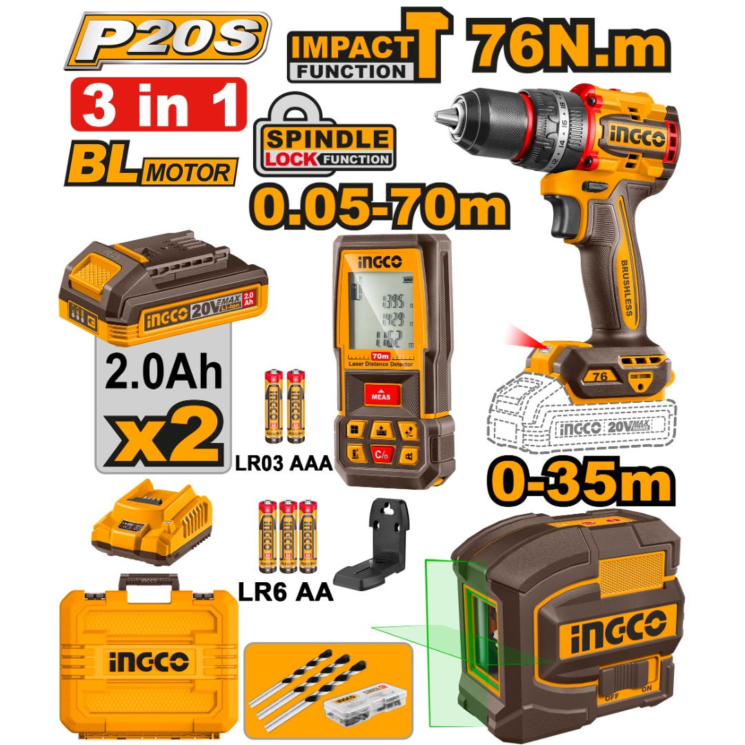 INGCO 3PCS 76NM IMPACT DRILL+LASER LEVELLER+70M DISTANCER SET COSLI250511 Main image