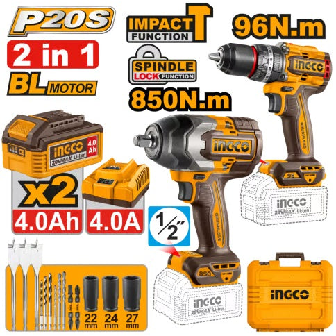 INGCO 2PCS 850NM 1/2" IMPACT WRENCH + 96NM IMPACT DRILL SET COSLI250586 Main image