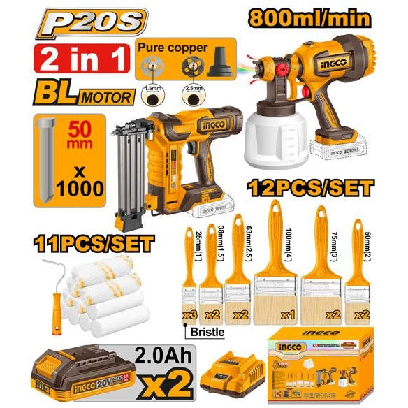 INGCO 2PCS BRAD NAILER+SPRAYER GUN+PAINT BRUSHES & ROLLER SET COSLI250601 Main image