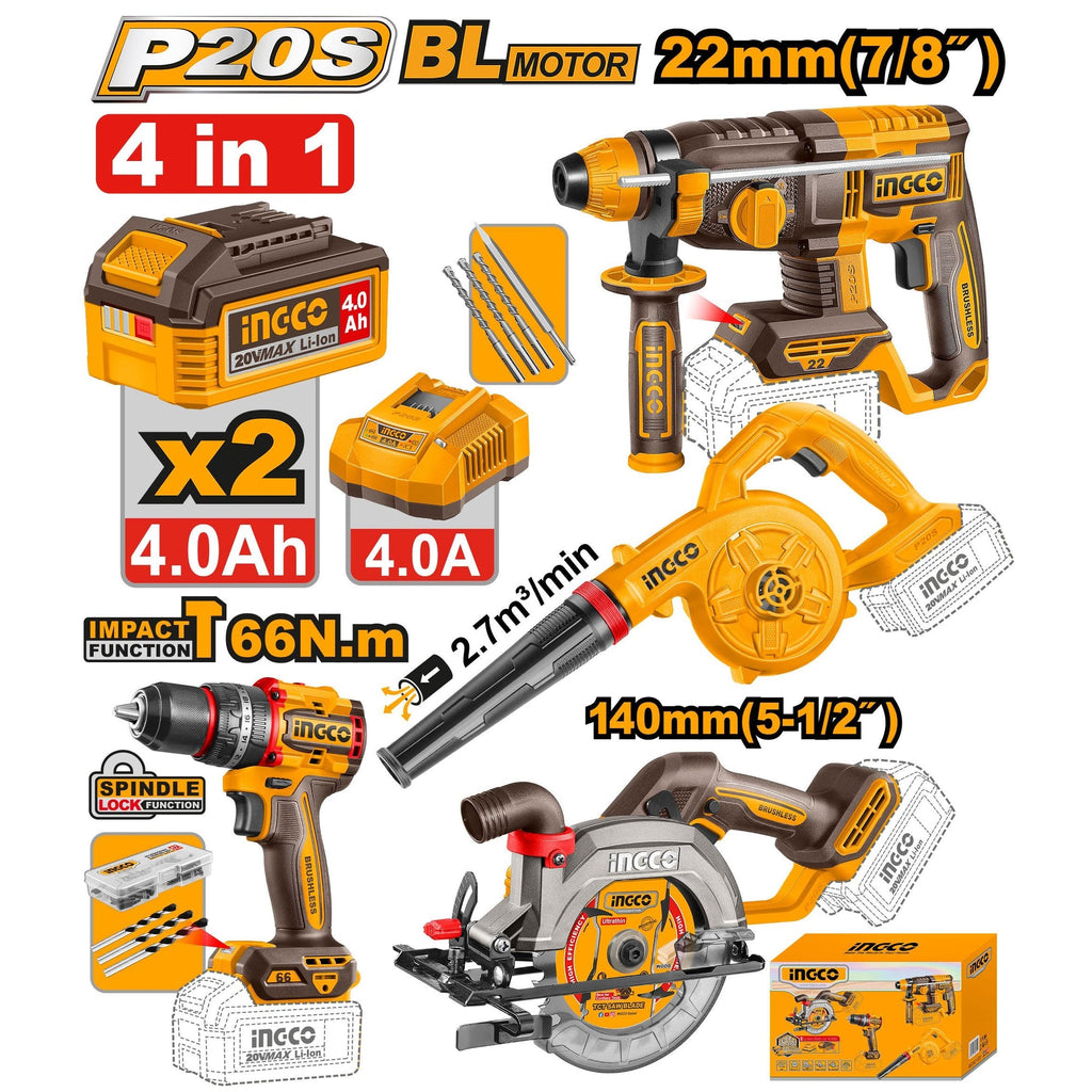INGCO 4PC 66NM IMPACT DRILL+CIRCULAR SAW+ROTARY HAMMER+BLOWER COSLI250695