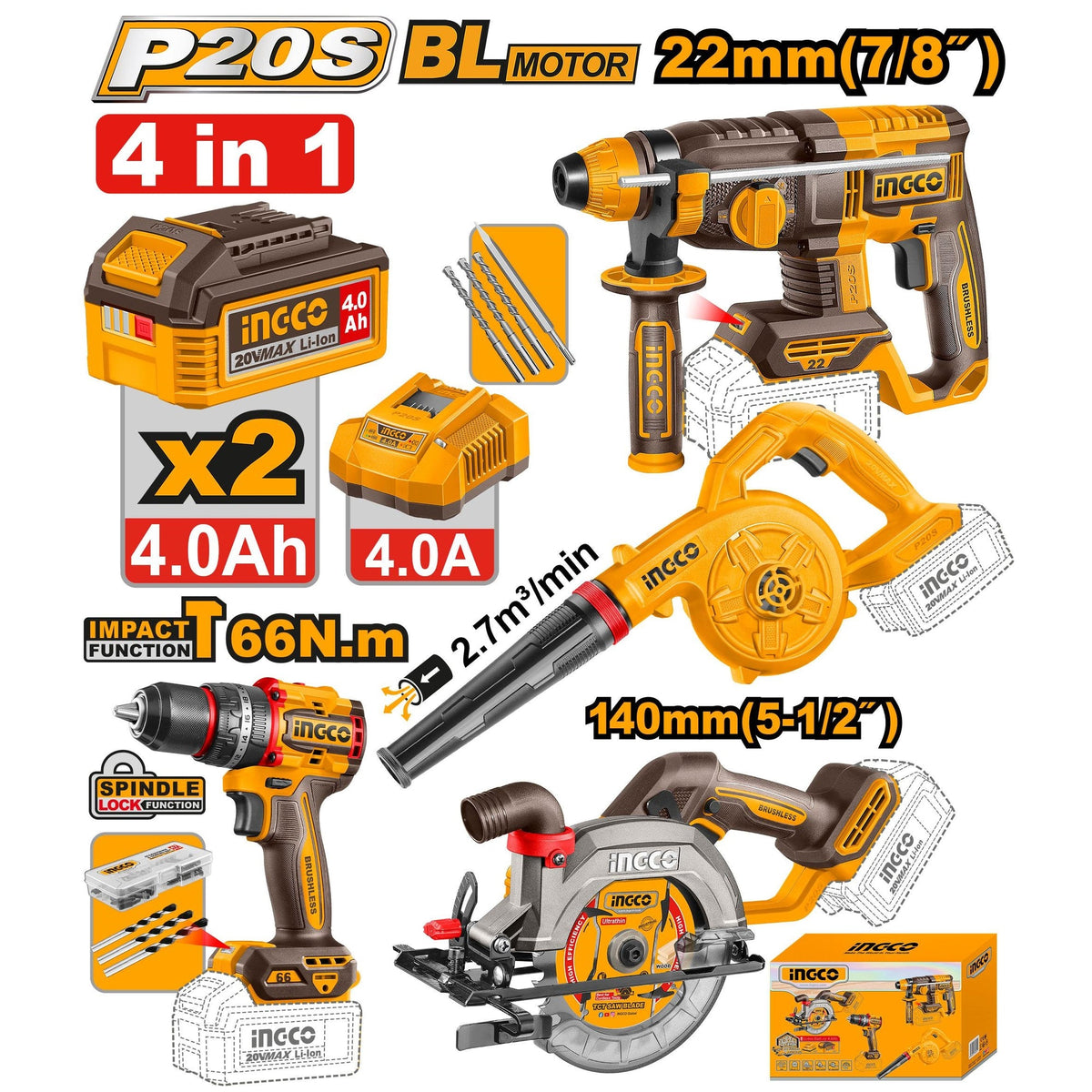 INGCO 4PC 66NM IMPACT DRILL+CIRCULAR SAW+ROTARY HAMMER+BLOWER COSLI250695