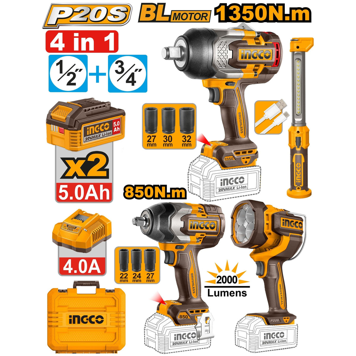 INGCO 4PCS SET 1350 & 850NM IMPACT WRENCH + 2X LED LAMPS COSLI250782 Main image