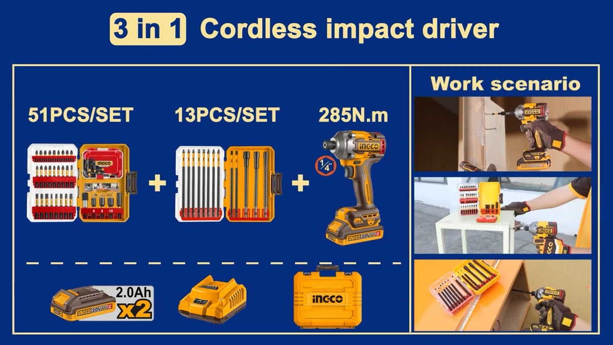 INGCO 285NM IMPACT DRIVER +2 SETS OF DRIVER BITS COMBO COSLI250784