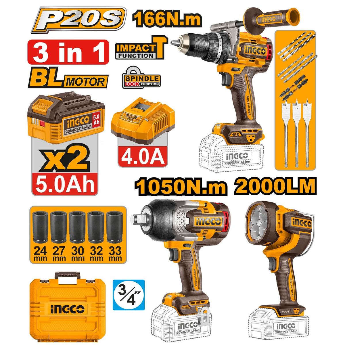 INGCO 3PC 1050NM IMPACT WRENCH+166NM IMPACT DRILL+2000LUM LAMP COSLI250882 Main image