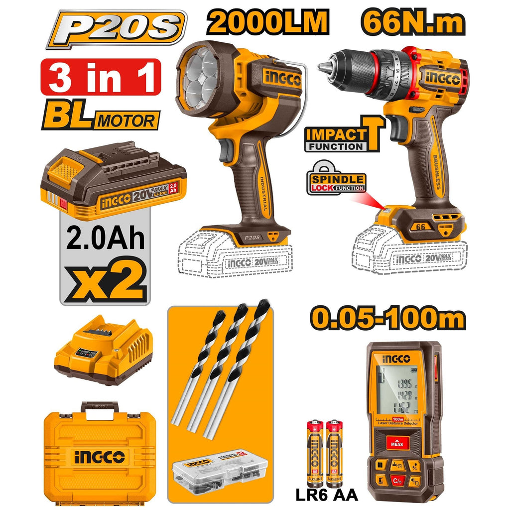 INGCO 3PC 66NM IMP DRILL+2000LUM LAMP+100M LASER DISTANCER COMBO COSLI250885