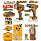 INGCO 3PC 66NM IMP DRILL+2000LUM LAMP+100M LASER DISTANCER COMBO COSLI250885