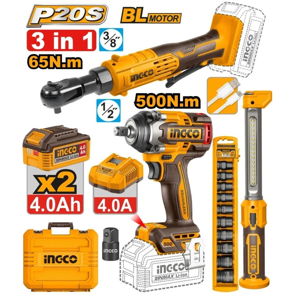 INGCO 3PCS 500NM IMPACT WRENCH+65NM RATCHET WR+300LM LAMP COMBO COSLI250981 Main image