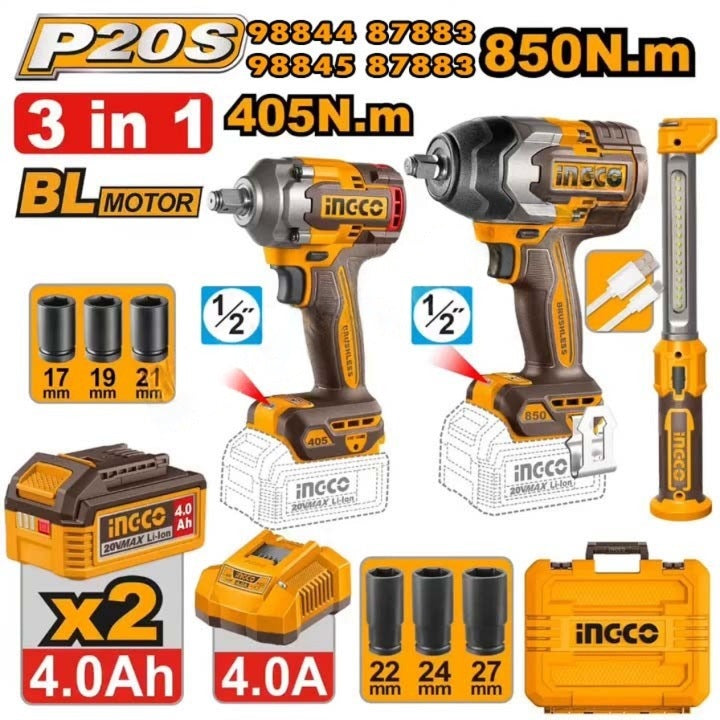 INGCO 3PCS 850NM+405NM IMPACT WRENCH + WORKLIGHT COMBO COSLI251085