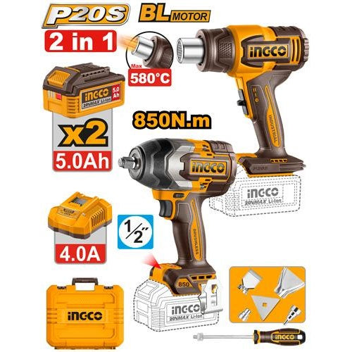 INGCO 2PCS 20V 850NM IMACT WRENCH + 580°C HEAT GUN COMBO 2X5.0 COSLI260381 Main image