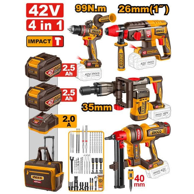 INGCO 42V 4PCS BREAKER+IMP DRILL+NAILER+ROTARY HAMMER COMBO SET COSLI260587
