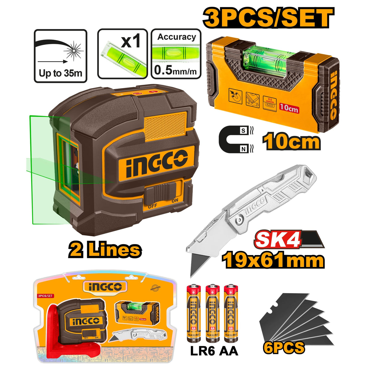 INGCO 3PC GREENLASER LAVELLER+MINI LEVEL+FOLDING KNIFE COSLL251002 Main image