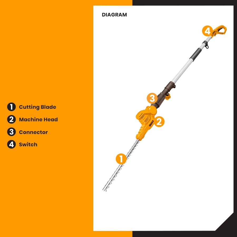 INGCO 20V POLE HEDGE TRIMMER 460MM, UP TO 2.4M 1X2.0BAT+CHARGER CPHT2016012
