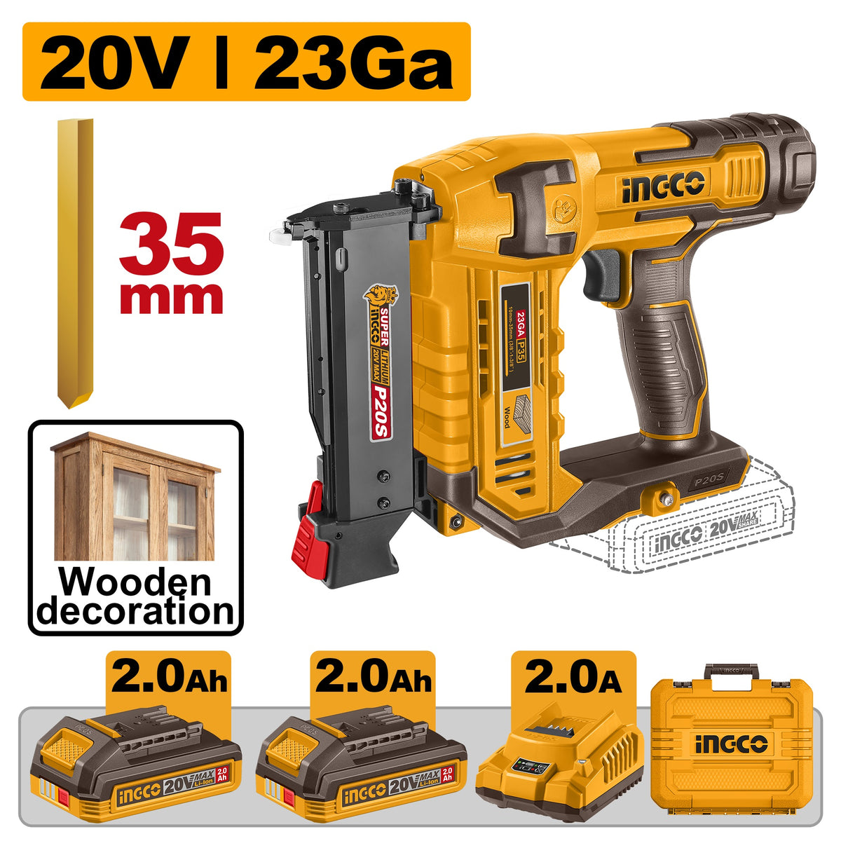 INGCO 20V BL PIN NAILER 10~35MM 2X2.0AH+CHARGER CPNLI360315 Main image