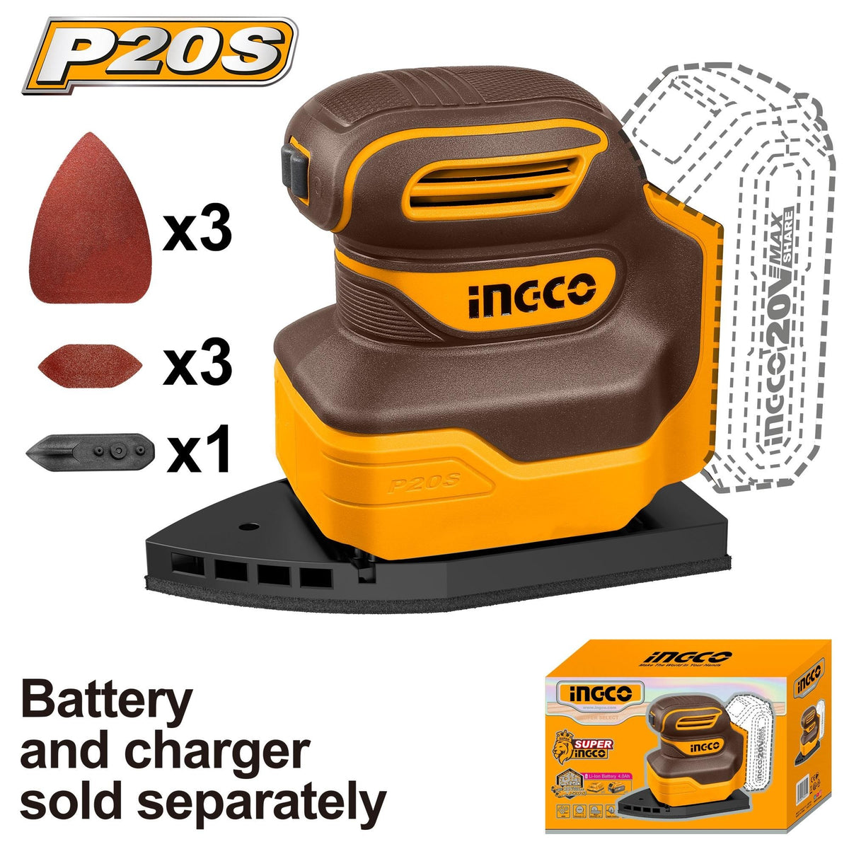 INGCO 20V LI-ION PALM SANDER CPSLI2014 (BARE UNIT) Main image
