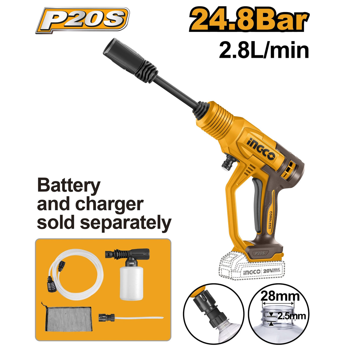 INGCO 20V LI-ION PRESSURE WASHER 24.8BAR CPWLI2036 (BARE UNIT) Main image
