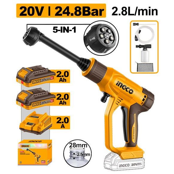 INGCO 20V LI-ION PRESSURE WASHER 24.8BAR 2X2.0AH+CHRG CPWLI20582 Main image