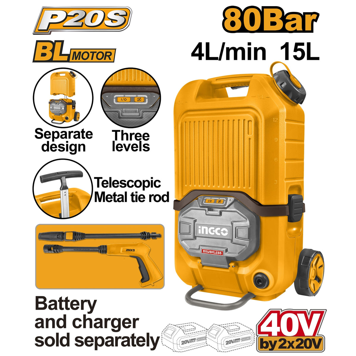 INGCO 40V (2X20) BRUSHLESS LI-ION HIGH PRESSURE WASHER 80 BAR CPWLI4006 (BARE UNIT) Main image