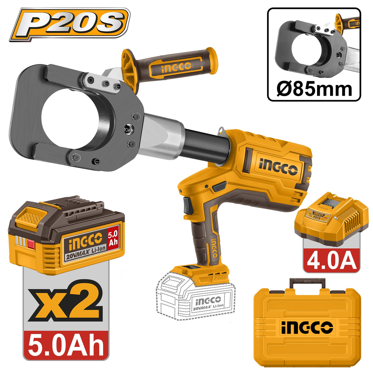 INGCO 20V HYDRAULIC CABLE CUTTER MAX.85MM2, 2X20V 5.0AH+CHARGER CRCLI2005 Main image
