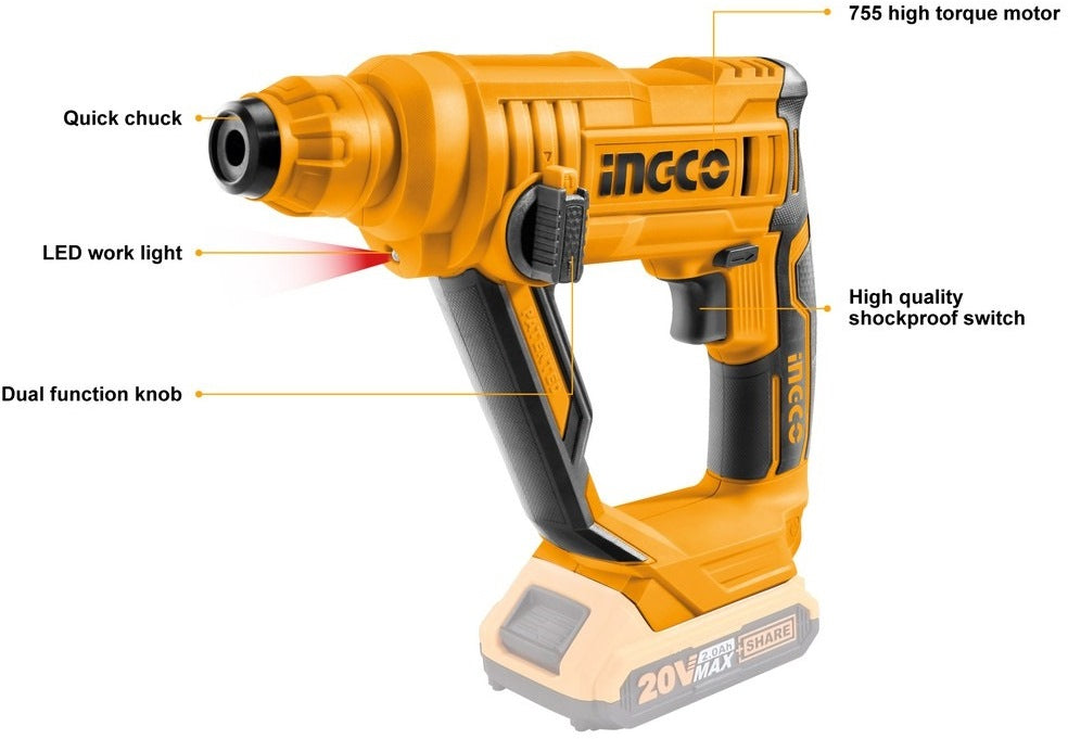 INGCO 20V LI-ION ROTARY HAMMER CRHLI1601 (BARE UNIT)