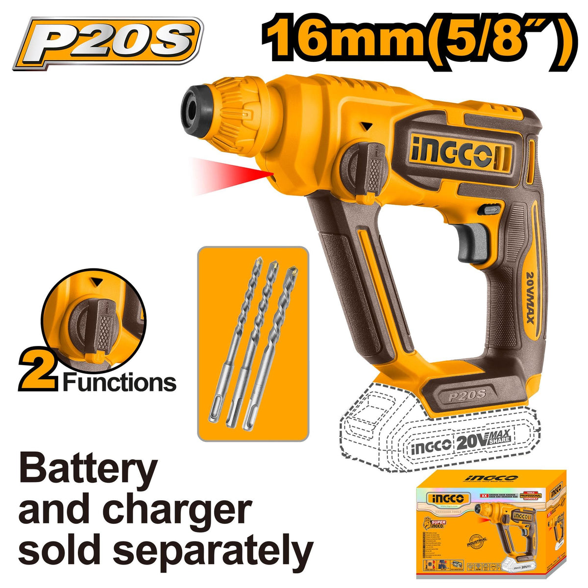INGCO 20V LI-ION ROTARY HAMMER 16MMØ CRHLI20168 (BARE UNIT) Main image