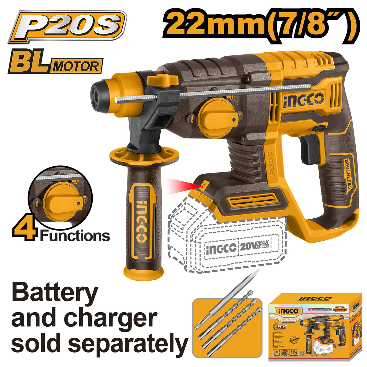INGCO 20V LI-ION BRUSHLESS ROTARY HAMMER 22MMØ CRHLI20208 (BARE UNIT) Main image