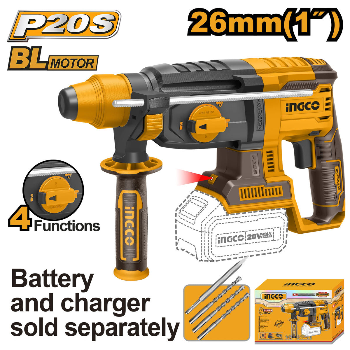 INGCO 20V LI-ION BRUSHLESS ROTARY HAMMER 26MMØ CRHLI20228 (BARE UNIT) Main image