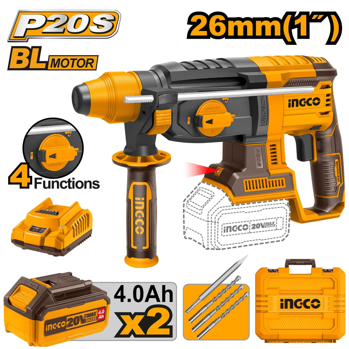 INGCO 20V 2X4.0AH LI-ION ROTARY HAMMER CRHLI202287 Main image